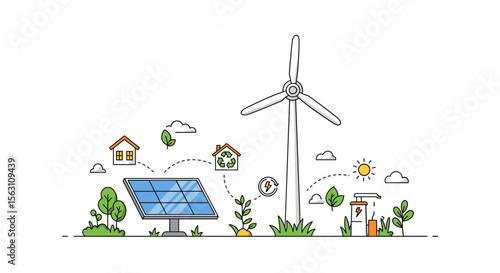 Renewable energy sources vector illustration with solar panels and wind turbine for eco-friendly design