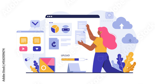 Digital content management and cloud storage vector illustration for web and app design