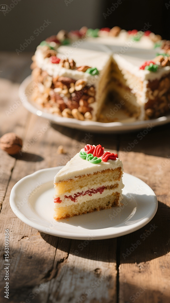 ai generate Close-up of Holiday Cake Slice with Frosting and Nut Filling