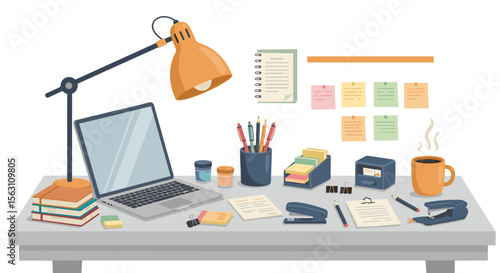Modern office desk setup vector illustration for productivity and organization design