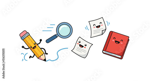 Education theme vector illustration featuring cute stationery characters for print and design