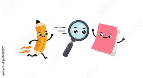 Cute educational vector illustration with a pencil, magnifying glass, and eraser characters for school projects