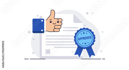 Approved document with thumbs up and blue ribbon vector illustration for business and success concepts