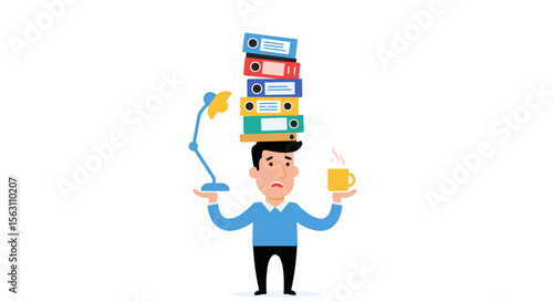 Office stress vector illustration featuring overworked employee balancing desk lamp, coffee, and file binders