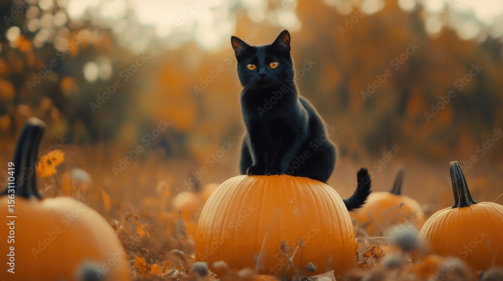 Naklejka premium Mystical Halloween: A sleek black cat perched atop a vibrant orange pumpkin