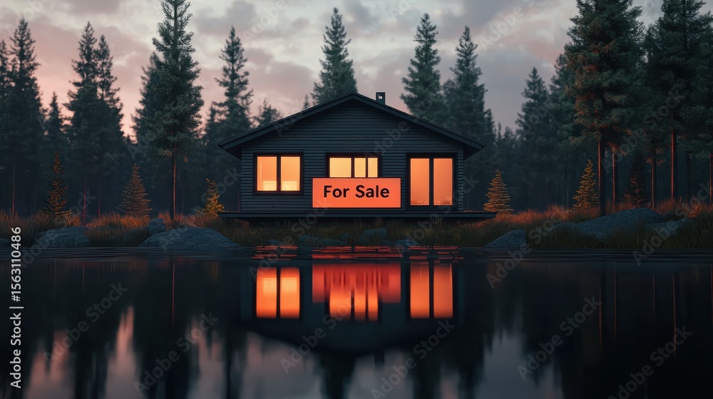 Fototapeta premium A charming house by a serene lake, highlighted with a 'For Sale' sign, surrounded by trees.