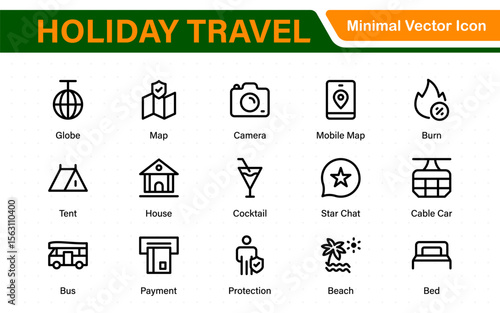 Holiday Travel outline icons set. Travel, hotel, holiday, tourism, beach, plane, map, agent and insurance. Booking, reservation, room, airport, accommodation.