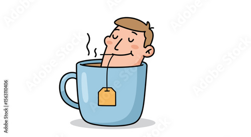Relaxing tea moment concept with man in cup vector illustration for print and card in cartoon style