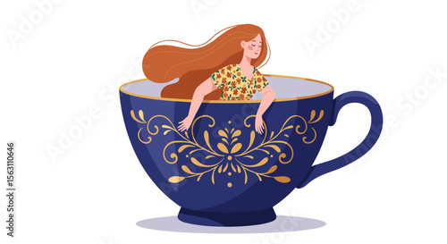 Whimsical woman inside decorative teacup vector illustration - perfect for print design and posters