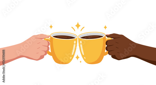 Coffee cheers vector illustration - diverse hands clinking cups in flat style