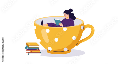 Cozy reading in giant polka dot teacup - vector illustration for book lover's design
