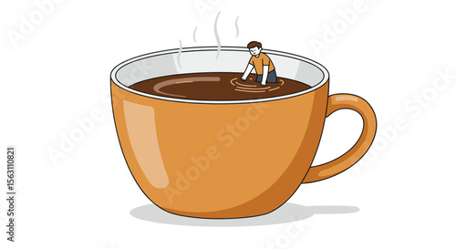 Surreal coffee cup scene with relaxing person - vector illustration for imaginative designs
