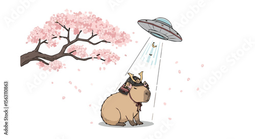 Cute Capybara Samurai Abducted by Alien UFO. Funny Japanese Sakura Cartoon Vector Illustration