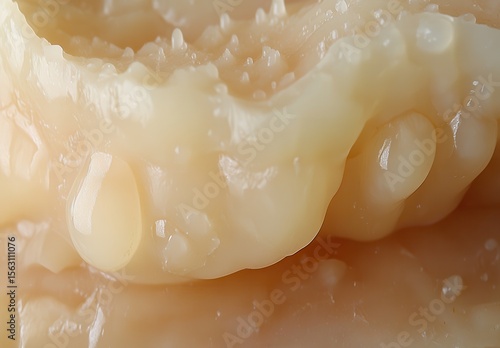Close-up of translucent, gelatinous texture showcasing unique shapes and droplets, creating an intriguing and organic appearance, highlighted by soft natural lighting and gentle contours.
