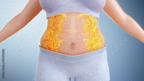 Burn belly fat to lose weight, woman fitness and body shaping by fat cell burning, obese people become slimmer, body management solution, 3D animation.