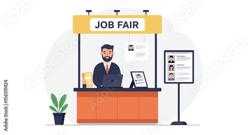 Business professional at job fair booth vector illustration for career development and recruitment design