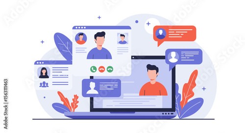 Online communication and networking concept in flat style vector illustration for design and digital platforms