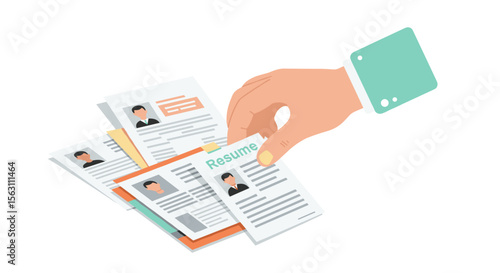 Job application process vector illustration featuring resumes and a hand selecting a cv for recruitment design
