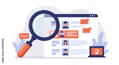 Recruitment and job search vector illustration with magnifying glass and profiles for web design