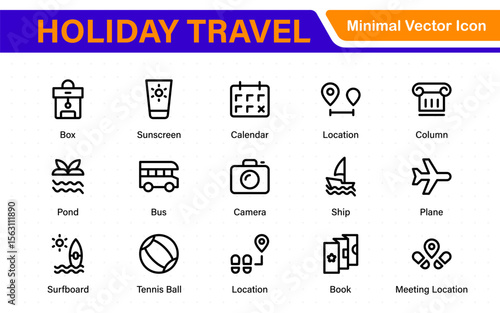 Holiday Travel outline icons set. Travel, hotel, holiday, tourism, beach, plane, map, agent and insurance. Booking, reservation, room, airport, accommodation.