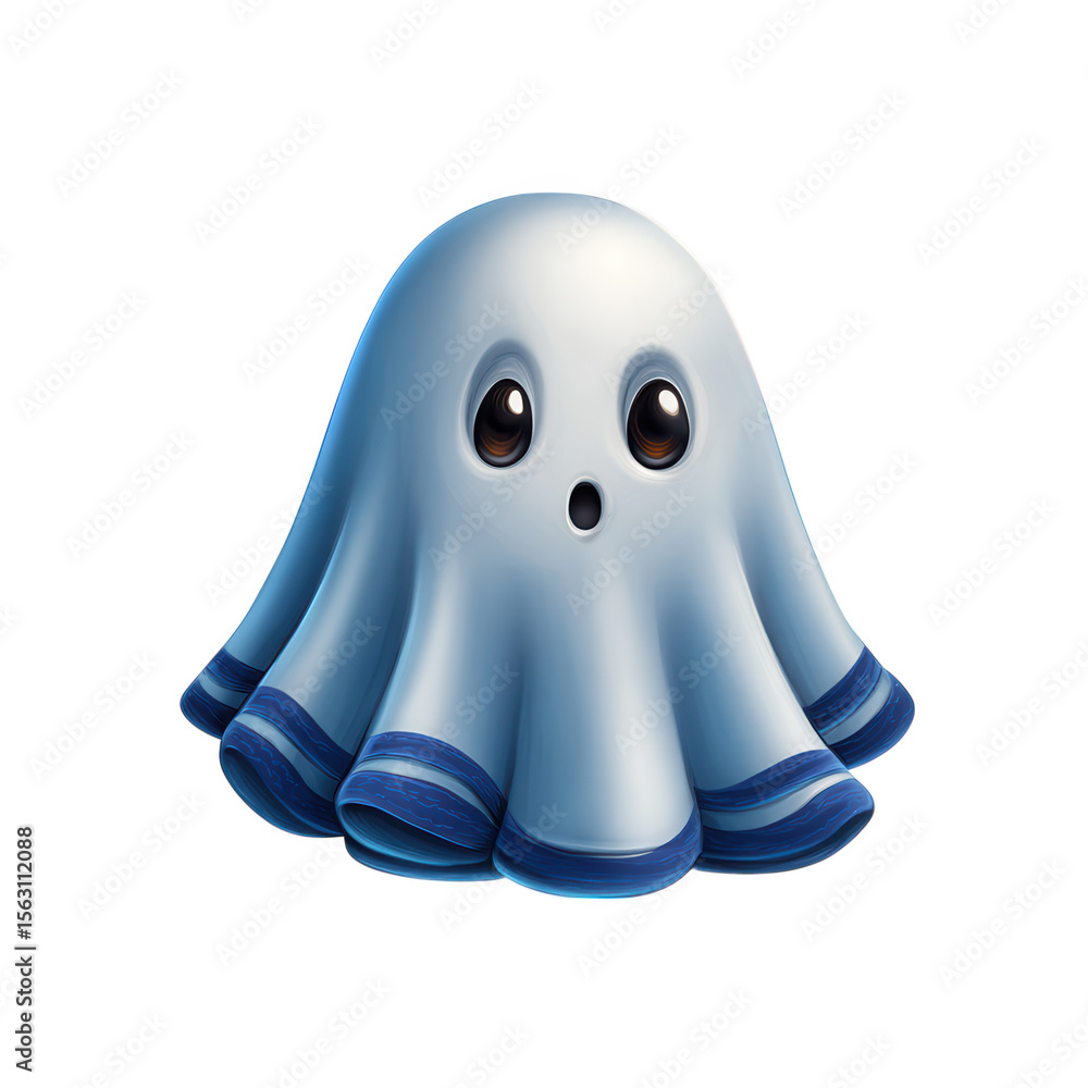 A cute cartoon ghost with big eyes and blue striped trim, isolated on transparent background A cute cartoon ghost with big eyes and blue striped trim, isolated on transparent background