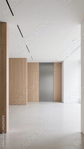 Modern minimalist interior with wooden panels and a frosted glass partition