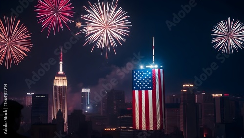 Nighttime City Skyline with Red White Blue Fireworks and Giant American Flag Draped on Skyscraper

