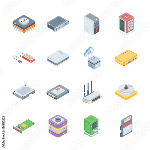 Download this trendy pack of data storage isometric style icons
