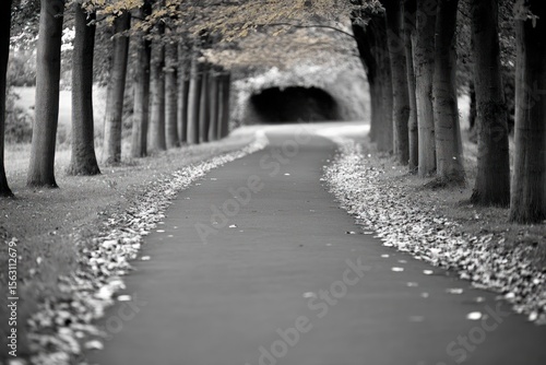 Winding tree lined path with autumn leaves and selective color in a natural outdoor setting a serene journey concept