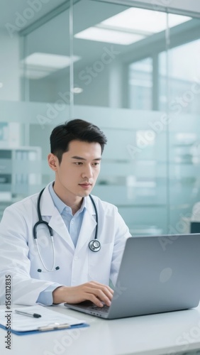 Doctor in a lab coat using a laptop in a modern medical office