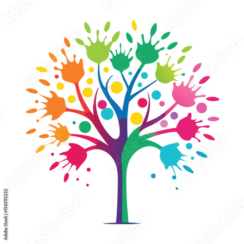 A vibrant vector icon of a line art tree with splashes of color, blending simplicity with artistic expression and energy.