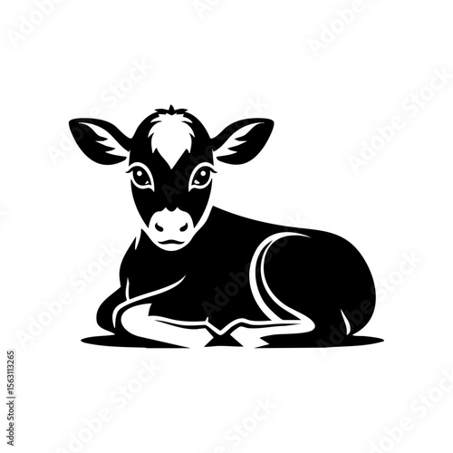 A minimalist black vector logo of a baby calf peacefully lying down, symbolizing innocence, farming, and dairy industry branding.

