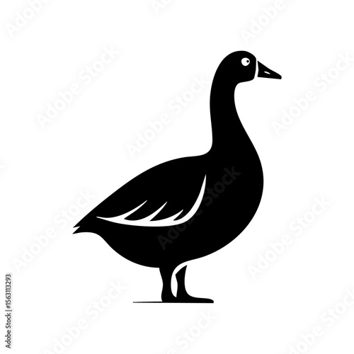 Minimalist black vector of a goose standing in an alert posture, symbolizing awareness, rural life, and waterfowl identification.

