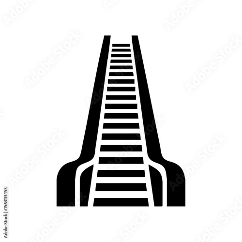 Minimalist black icon of an escalator with stylized handrails, conveying urban mobility and seamless movement between floors in a public setting.

