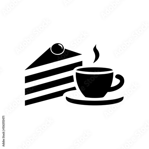 Minimalist vector icon of a layered cake slice with a steaming coffee cup, symbolizing cozy dessert time, cafés, and relaxation moments.

