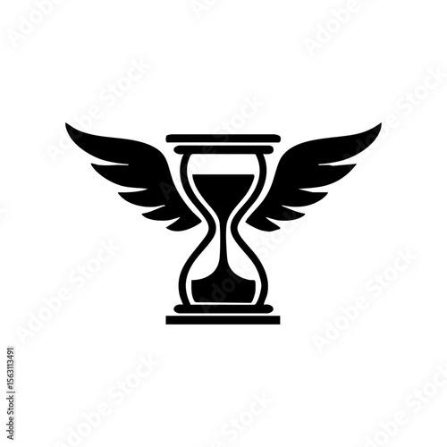 Minimalist black vector logo of a flying hourglass with wings, representing fleeting time, urgency, and the swift passage of moments.

