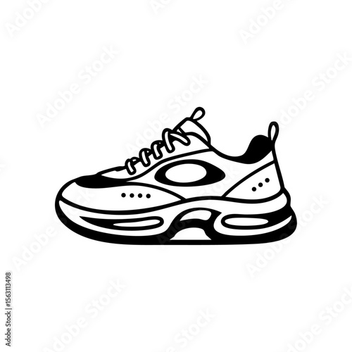 Minimalist black vector logo of a retro-style chunky sneaker with a thick sole and oval side panel, ideal for branding athletic or fashion products.
