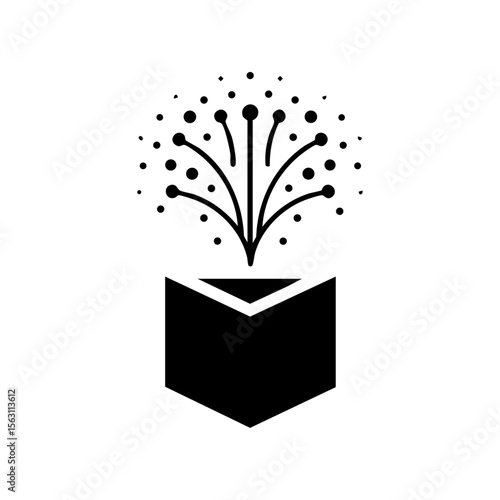 A minimalist logo of a book emitting dynamic sparks upward, symbolizing creative inspiration, imagination, and knowledge.
