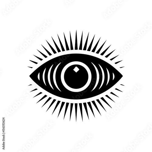 Minimalist all-seeing eye with radiant lines, representing intuition, insight, and mystical awareness in a bold, geometric style.
