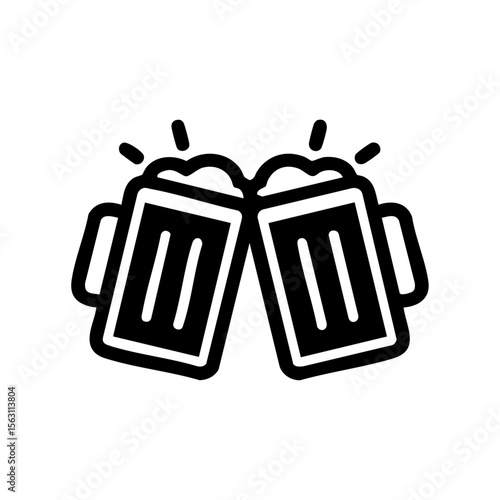 Minimalist black icon of two clinking beer mugs symbolizing celebration, cheers, festivity, and social gatherings in a fun and clean design.

