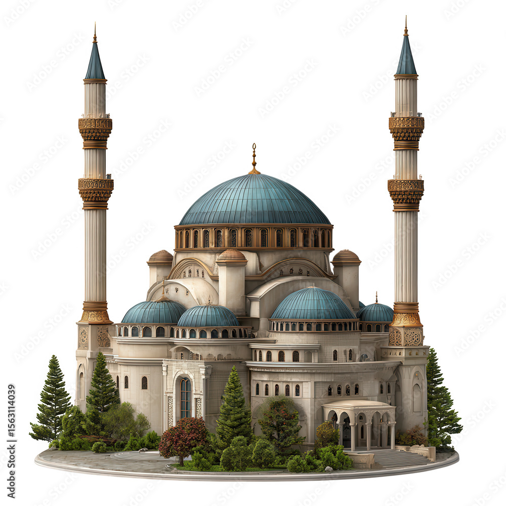 Obraz premium A grand mosque with blue domes and tall minarets surrounded by trees, isolated on transparent background