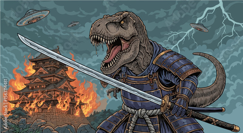 T-Rex Samurai Defending Flaming Temple from UFO Invasion in Stormy Japanese Landscape