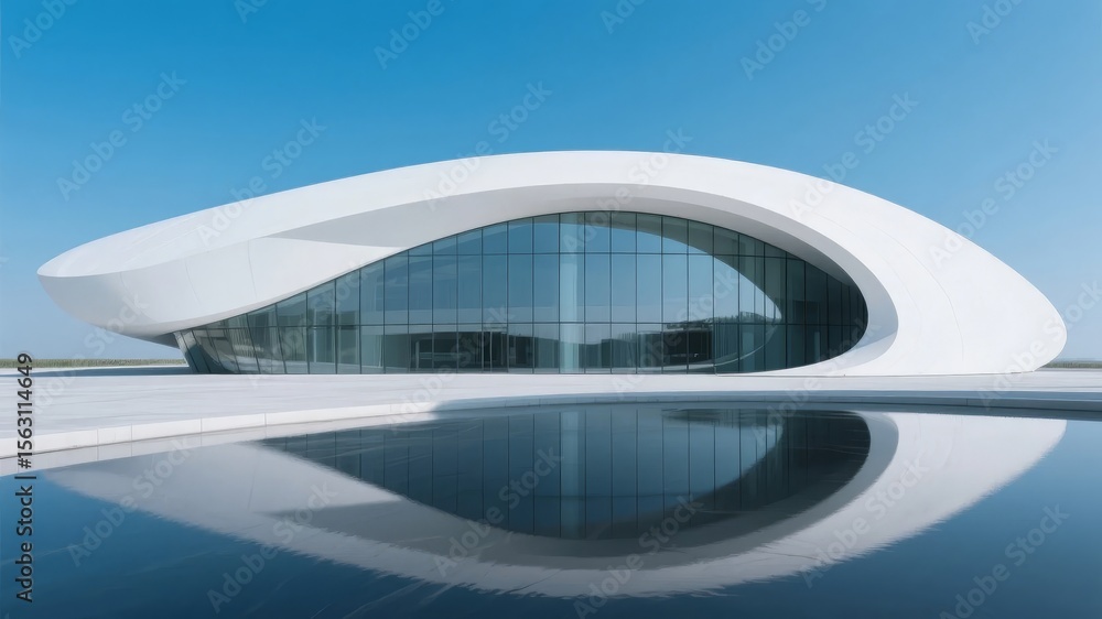 Fototapeta premium Modern Curved Building with Reflective Pool Under Clear Sky