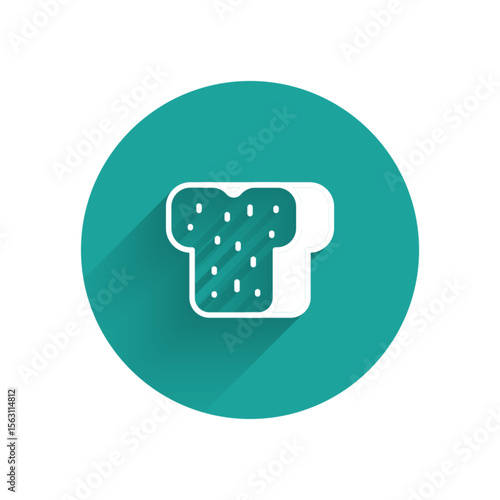 White Bread toast for sandwich piece of roasted crouton icon isolated with long shadow. Lunch, dinner, breakfast snack. Green circle button. Vector