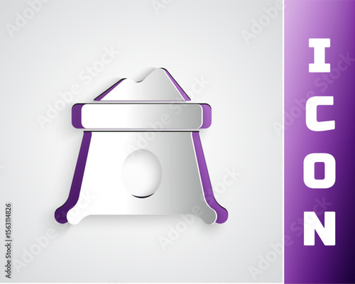 Paper cut Bag of flour icon isolated on grey background. Paper art style. Vector