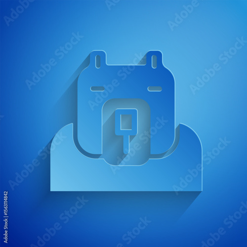 Paper cut Polar bear head icon isolated on blue background. Paper art style. Vector