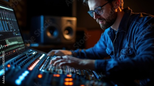 Man with glasses using audio mixing console in recording studio with speaker in the background