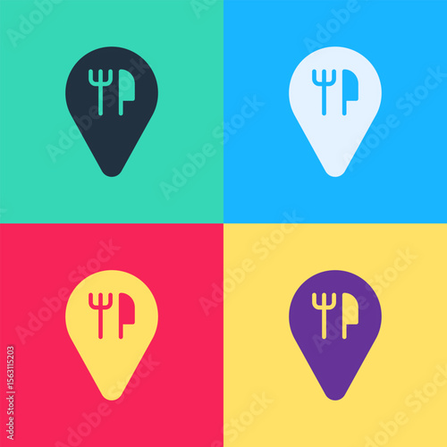 Free Download Pop art Cafe and restaurant location icon isolated on color background. Fork and spoon eatery sign inside pinpoint. Vector. - GFXLoad
