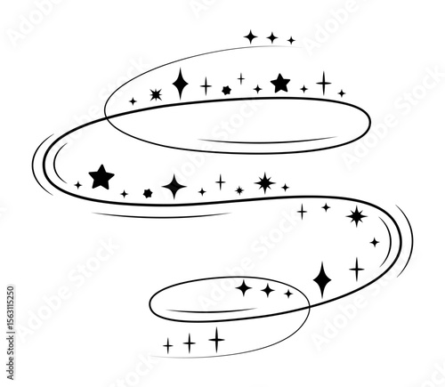 Swirling magic sparkle trail. Vector illustration of flying glitter stars in spiral shape. Decorative magical swirl for fairy tale, fantasy, celebration, or mystical concept design.