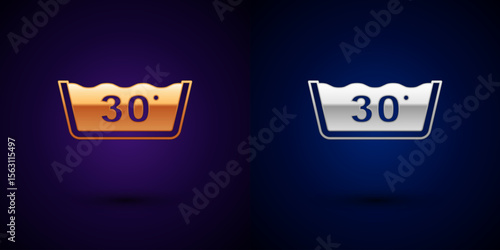 Gold and silver Washing under 30 degrees celsius icon isolated on black background. Temperature wash. Vector